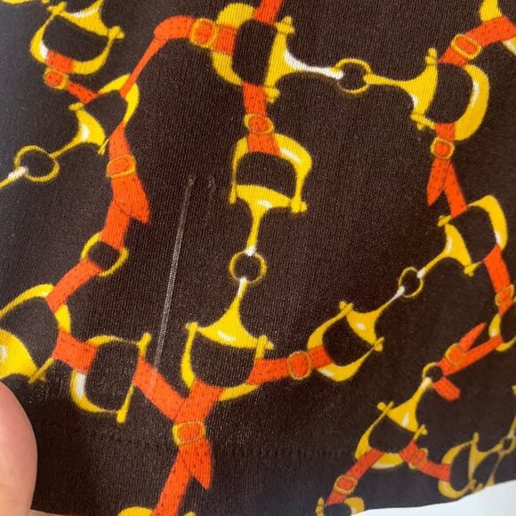 Vintage 70's Dark Brown, Yellow and Orange Equestrian Print Collared Button Up - Picture 10 of 12